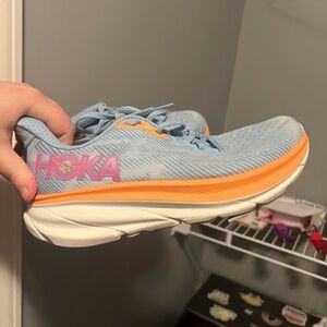Hoka Light Blue and Orange Athletic Shoes